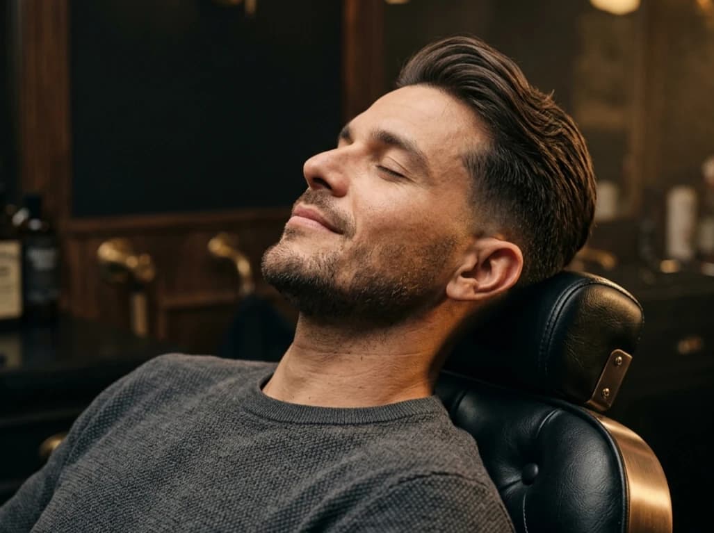 Cliente relaxando na cadeira após corte masculino na Barbearia Tramontta em Joinville